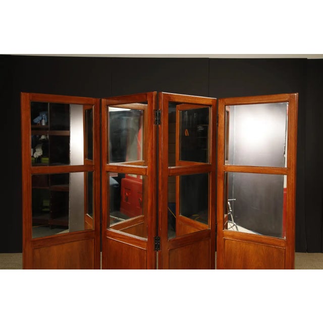 Brazilian Hardwood, Leather and Mirrored Panel Folding Screen, Brazil, C 1960s For Sale In Los Angeles - Image 6 of 18