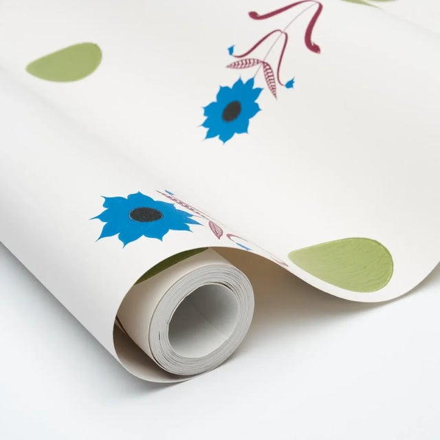 Schumacher Schumacher x Peg Norriss Forget Me Dots Wallpaper In Blue & Plum For Sale - Image 4 of 4