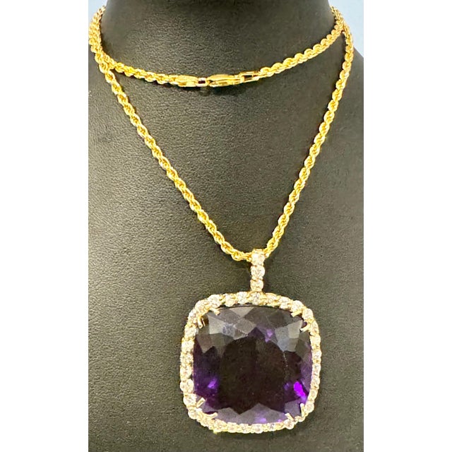110Ct Cushion Amethyst & 5 Ct Diamond Pendant Necklace 14 K Yellow Gold + Chain For Sale - Image 9 of 18