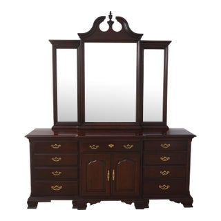 Thomasville Cherry Triple Dresser W. Trifold Mirror For Sale