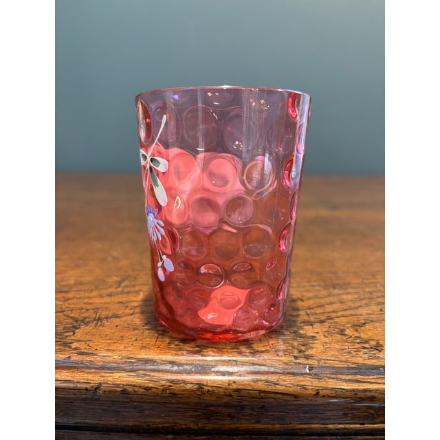 Fenton Art Glass Company Antique Cranberry Glass Inverted Thumbprint Tumbler Hand Painted Winter Scene Mint- Mary Gregory Style For Sale - Image 4 of 9