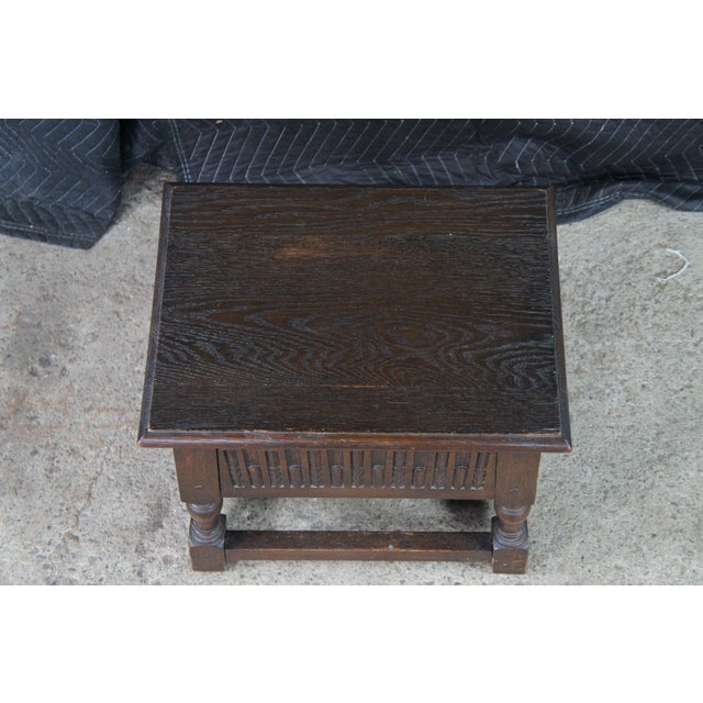 Early 20th Century Antique English Jacobean Style Oak Carved Joint Stool Side End Table 18" For Sale - Image 5 of 11