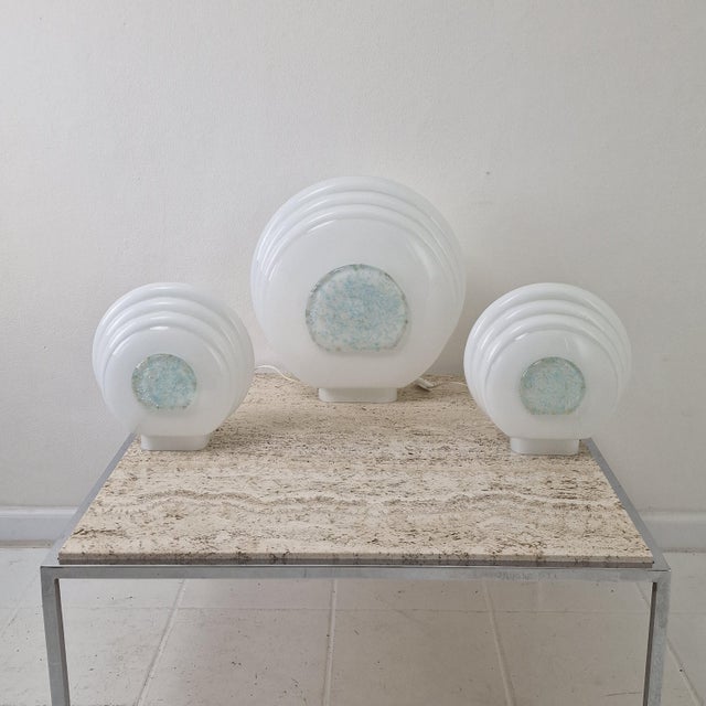 An exceptional, museum-quality three-piece set of post-modernist italian murano glass table lamps, crafted in the 1970s by...
