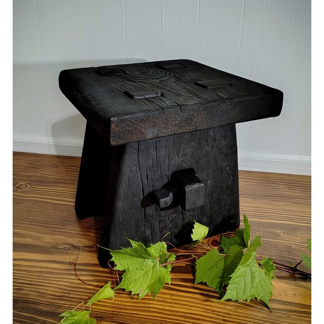Yakisugi -Shou Sugi Ban Charred Barnwood Stool, Reclaimed Accent Table, Wabi Sabi Plant Stand For Sale - Image 4 of 13