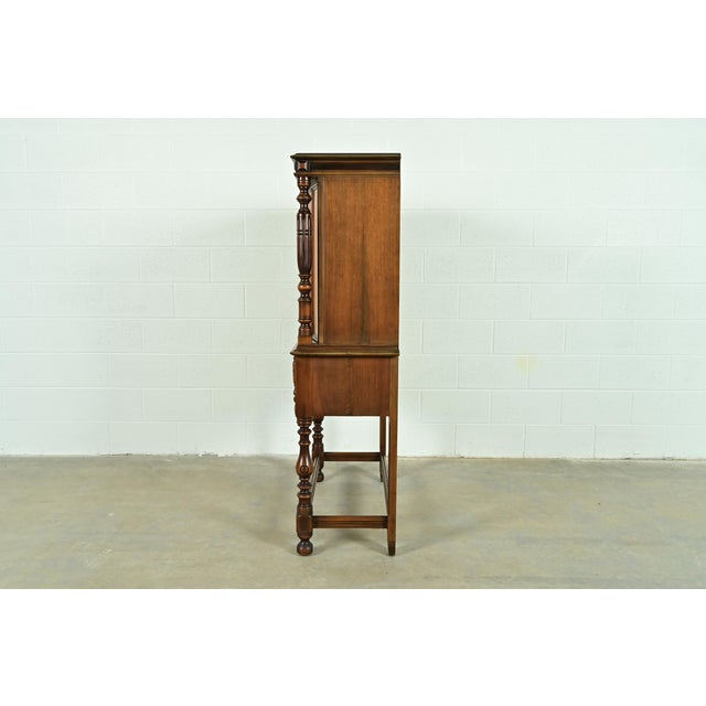 Berkey & Gay Antique English Jacobean Carved Walnut and Burl Wood Bookcase or Bar Cabinet, Circa 1920s For Sale - Image 14 of 16