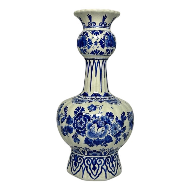 Vintage Hand-Painted Delft Blue Floral Vase from Royal Delft, 1956 For Sale