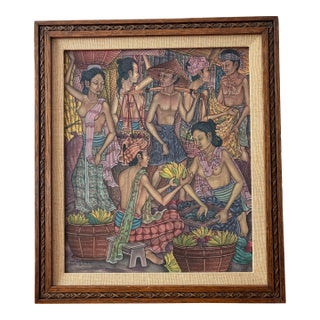 Vintage Framed Balinese Traditional Painting in the Ubud Style of Market Scene by Artist: m.d. Sanggra For Sale