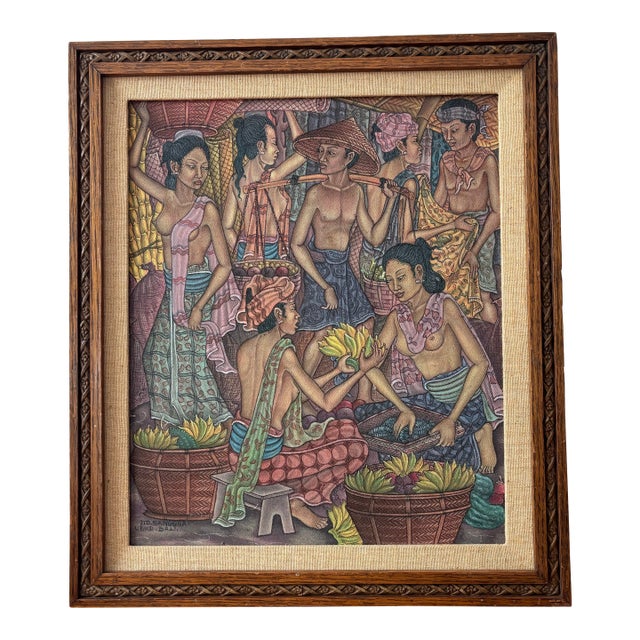 Vintage Framed Balinese Traditional Painting in the Ubud Style of Market Scene by Artist: m.d. Sanggra For Sale