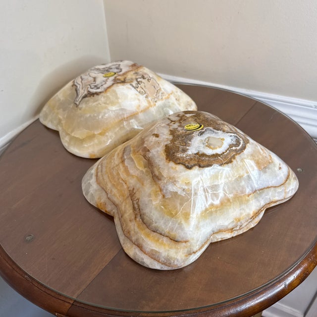 Alabaster Vintage Oversized Hand Craved Onyx Decorative Bowls- a Pair For Sale - Image 8 of 11