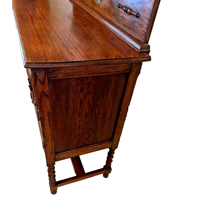 Wood Antique Barley Twist Oak Server Cabinet Sideboard Buffet Console, Beveled Mirror For Sale - Image 7 of 17
