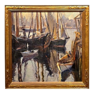 Émile Albert Gruppe–Boats in Gloucester Harbor at Sunset, C. 1930s–Oil on Canvas For Sale