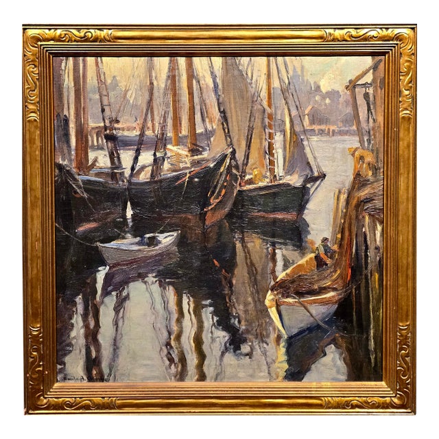 Émile Albert Gruppe–Boats in Gloucester Harbor at Sunset, C. 1930s–Oil on Canvas For Sale