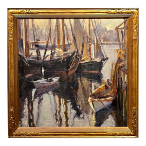 Émile Albert Gruppe–Boats in Gloucester Harbor at Sunset, C. 1930s–Oil on Canvas