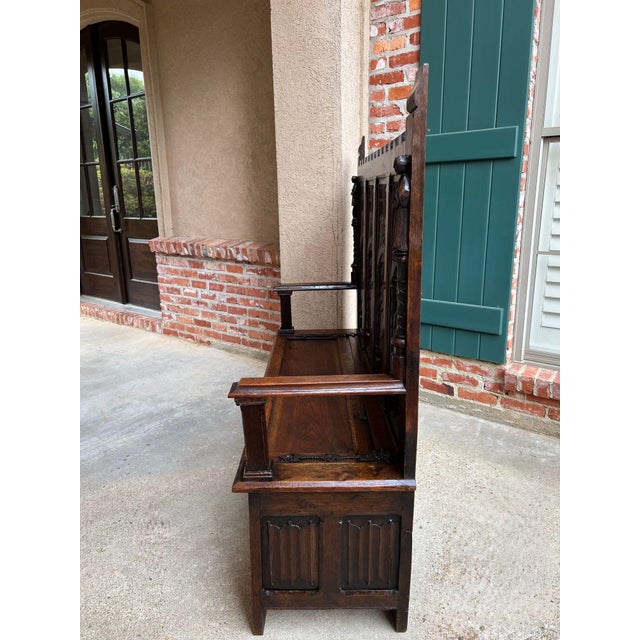 Antique English Gothic Hall Bench Carved Oak Medieval Knights Settle C1880 For Sale - Image 9 of 18
