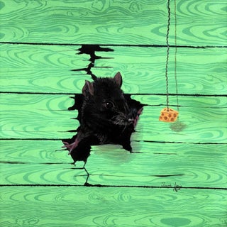 Portrait of my Co-tenant II by Joseph Idowu | Acrylic on canvas Black rat emerging from green wood. For Sale