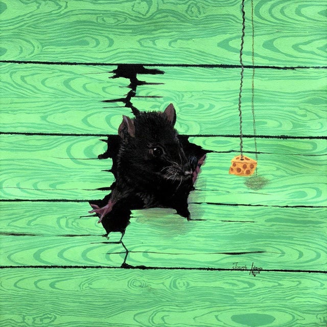 Portrait of my Co-tenant II by Joseph Idowu | Acrylic on canvas Black rat emerging from green wood. For Sale