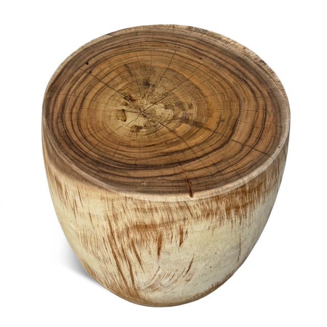 Solid acacia wood drum stool / side with raw sanded smooth finish. Beautiful natural contrasting tones of light tan and...