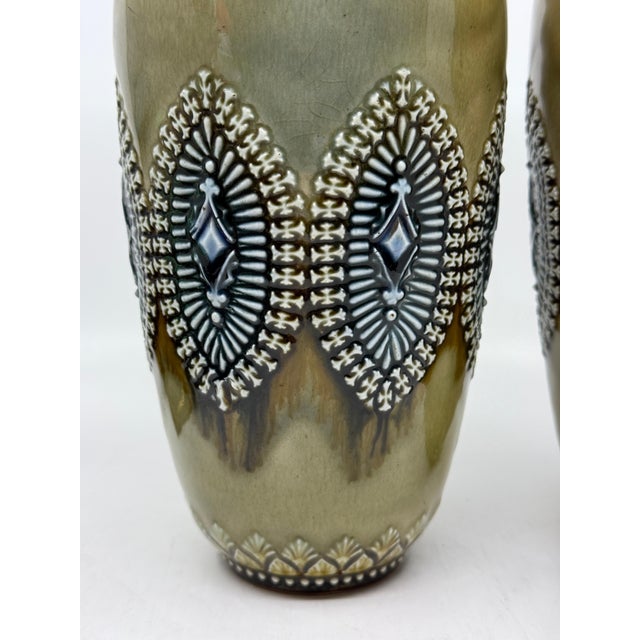 Pair of Doulton Lambeth Salt Glazed Decorated Vases 1884 For Sale - Image 9 of 16