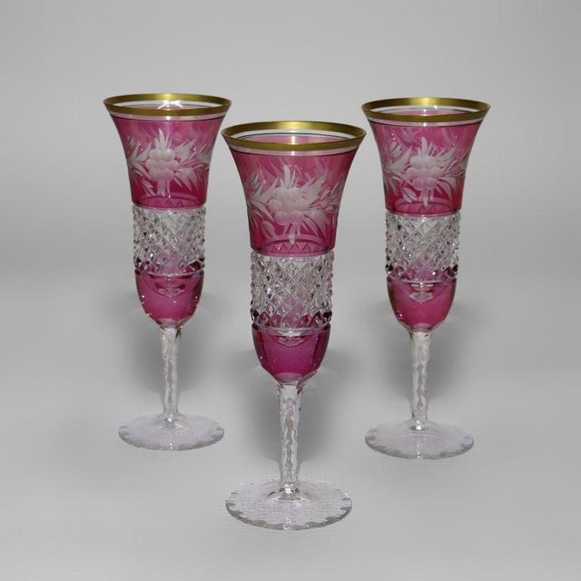 Early 20th Century Three Antique Bohemian Rose Floral Cut to Clear Crystal Champagne Flutes For Sale - Image 5 of 6
