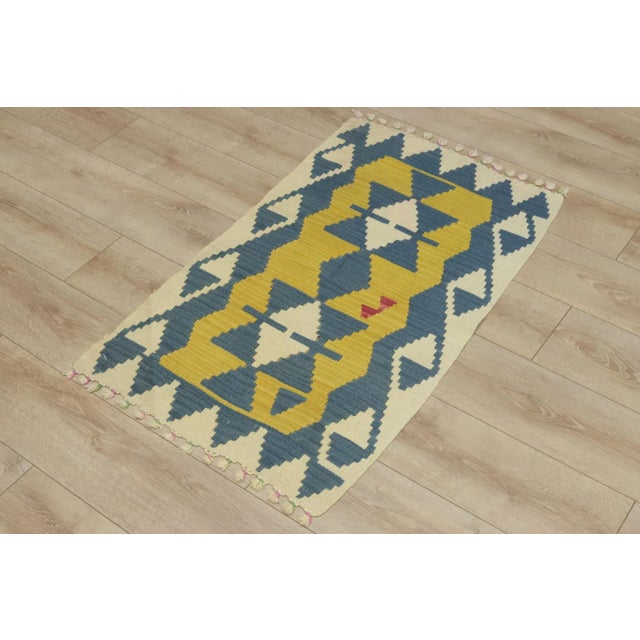 1960s Traditional Geometric Blue and Yellow Cappadocia Kilim Rug For Sale - Image 4 of 13