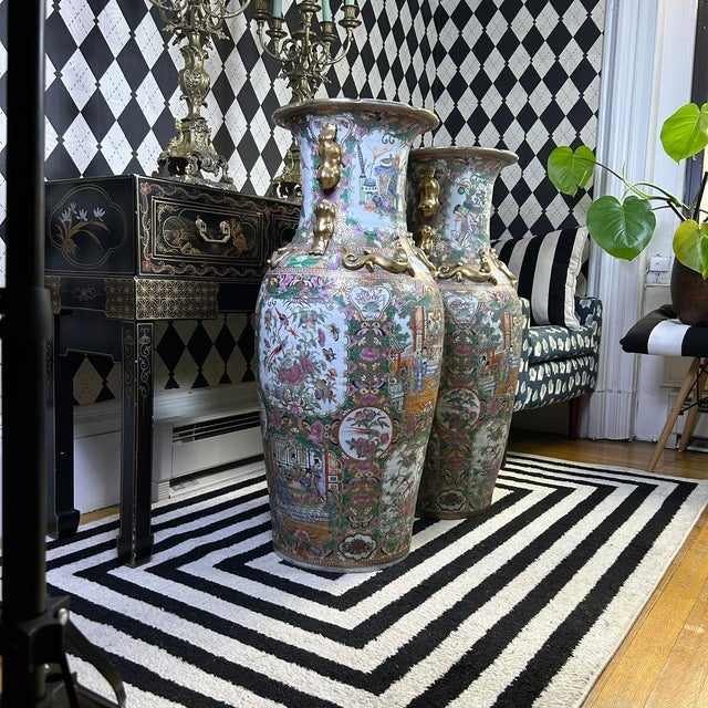 Chinese Famille Rose Floor Vases With Figural Panels and Gilt Dragon Handles, 38" For Sale - Image 10 of 18