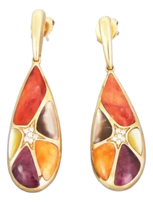 Kabana Diamond Spiny Oyster Mop Gems 14k Yellow Gold Long Teardrop Earrings, 2 Pieces
