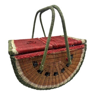 Vintage Boho Trompe L’Oeil Watermelon Wicker Picnic Basket. For Sale