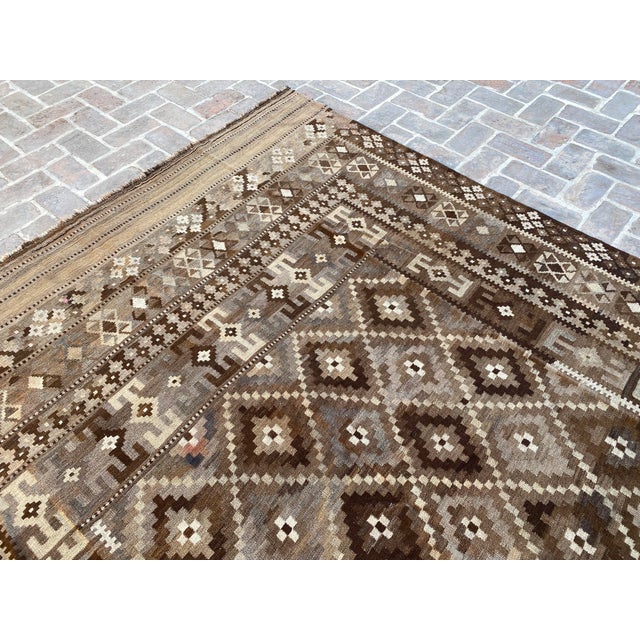 Gray Afghan Ghalmori Maimana Kilim Rug 8x14 Ft, Handwoven Brown Gray Blue Bordered Flatweave, Large Tribal Area Rug For Sale - Image 8 of 15