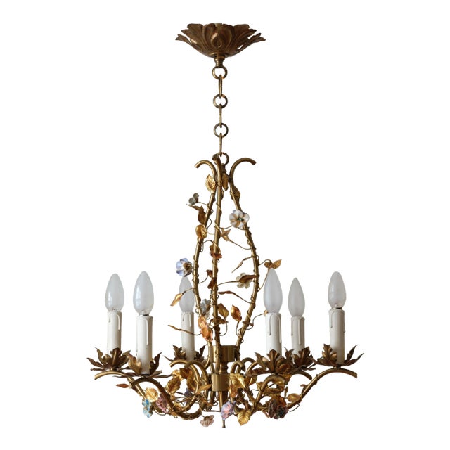 1950s Italian Metal Six Branch Enameled Flowers Chandelier For Sale