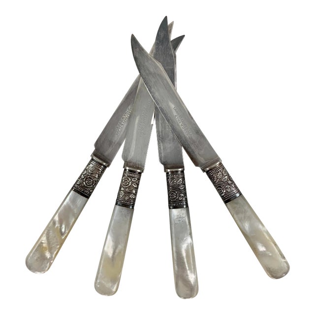 Aetna Works Mother of Pearl and Sterling Silver Collar Fruit Knives - Set of 4 For Sale