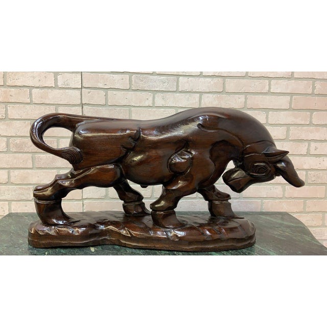 Spanish Revival Vintage Spanish Carved Charging Bull Statue - Pair For Sale - Image 3 of 11