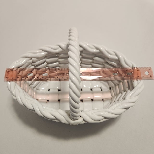 White Vintage Mid-Century Italian White Woven Ceramic Lattice Basket With Rope Handle Majolica Style For Sale - Image 8 of 11