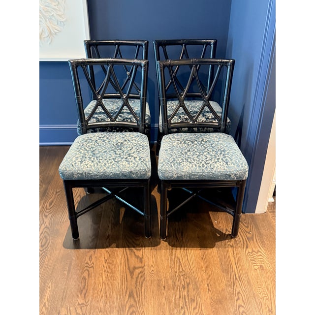 Set of 4 Painted McGuire Chairs with Custom Cushions Classic cross hatch bamboo frames elevated with black paint and...