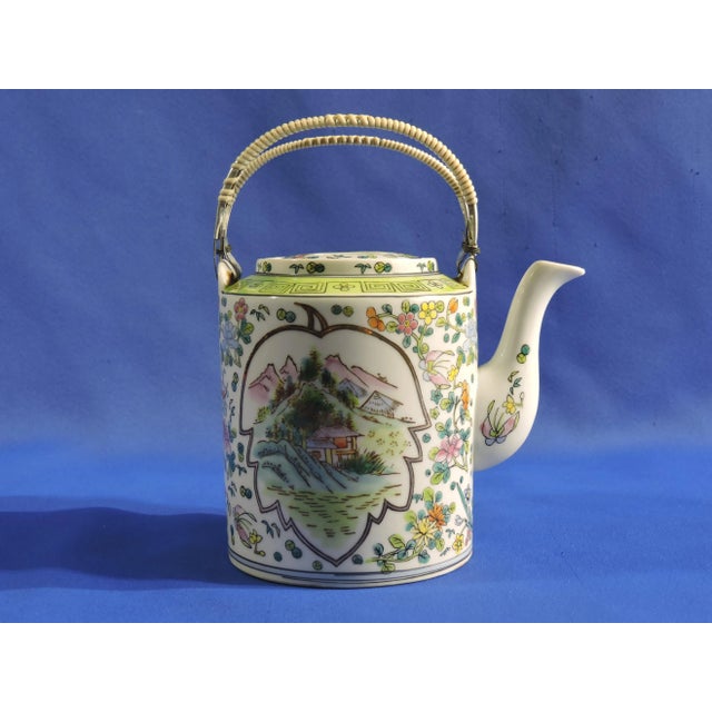 Mid 20th Century Chinese Famille Rose Hand Painted Lotus Leaf Cartouche Design Porcelain Tea Pot For Sale - Image 4 of 11
