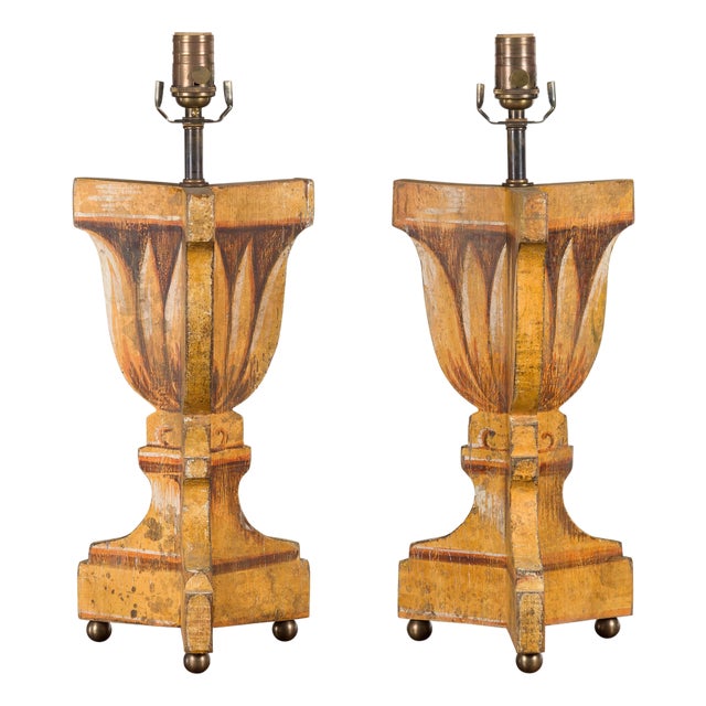 Mid 20th Century Italian Midcentury Painted and Carved Table Lamps with Stylized Foliage - a Pair For Sale