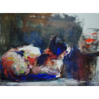 Daydreaming and Fishing by Yael Maimon | Oil Painting of a cat resting near a fish bowl For Sale