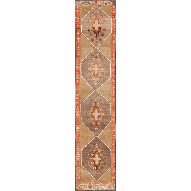 Colorful Vintage Turkish Runner With Diamond Medallions in Lt. Camel and Gray For Sale - Image 13 of 13