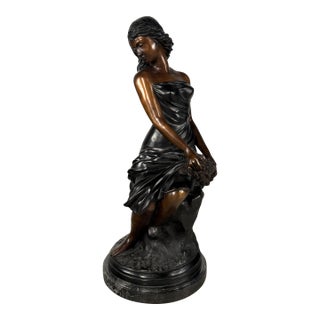 Large Classical Bronze Sculpture of Seated Woman With Flowers - 32” H For Sale
