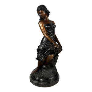 Large Classical Bronze Sculpture of Seated Woman With Flowers - 32” H