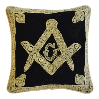 Masonic Freemasons Gold Metallic Embroidered Feather/Down Pillow 15" Square For Sale