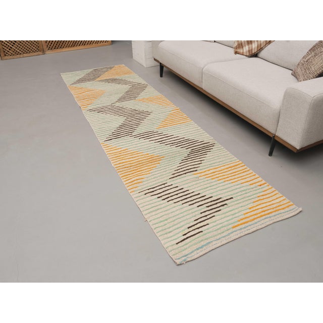 1970s Vintage Handmade Wool Cotton Orange Blue Runner Rug For Sale - Image 10 of 11