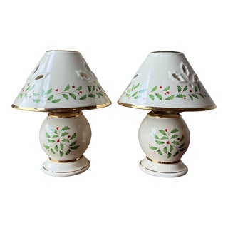 Vintage Lenox Holiday Christmas Tea Light Porcelain Lamps Holly Berry Set of 2 For Sale