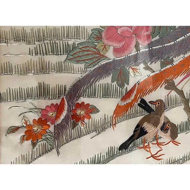 Tan Embroidered Wall Hangings • Exotic Bird and Flora Design - A Pair For Sale - Image 8 of 13