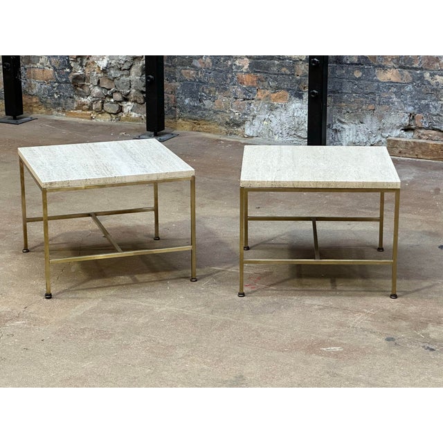 Pair Paul McCobb Brass Frame Side/End Table Travertine Top, 1960 For Sale - Image 4 of 9