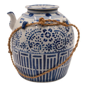 Chinese Blue & White Cantonware Covered Jar W. Spout