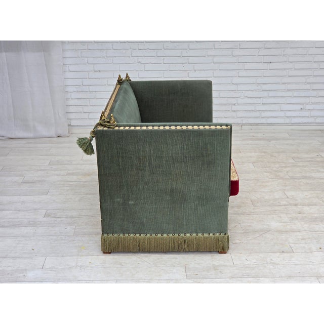 Danish 2-Seater Drop Arm Spanish Sofa in Green and Red Velour, 1970s For Sale - Image 16 of 18