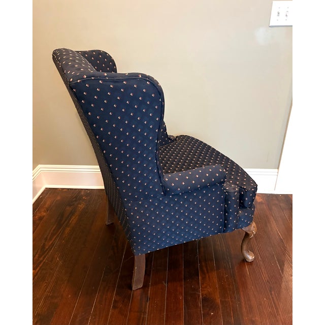 Navy Diamond-Print Wingback Chair For Sale - Image 4 of 5