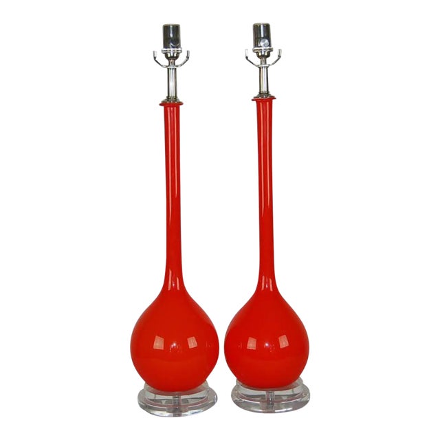Vintage Murano Long Neck Red Orange Lamps For Sale