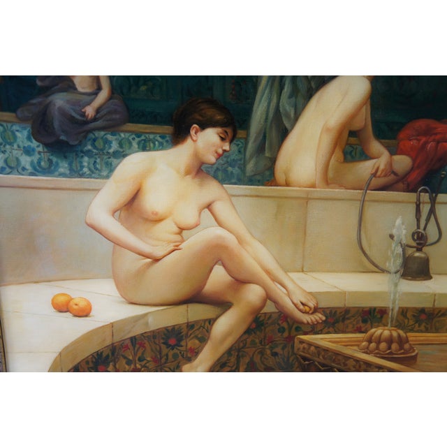 Textile Mid 20th Century The Harem Bathhouse Nude Hookah Smoking Oil Painting After Jean Leon Gerome 31" For Sale - Image 7 of 12