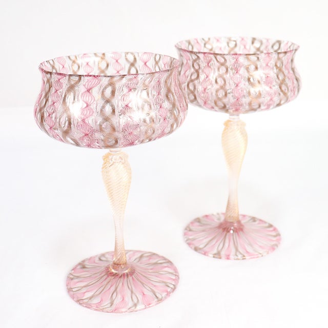 Salviati Pair of Venetian / Salviati Murano Glass Latticino Toasting Champagne Glasses For Sale - Image 4 of 15